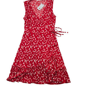 NWT LUSH Red and Ivory White Dot Spots Faux Wrap V Neck Medium Ruffle Bottom Tie